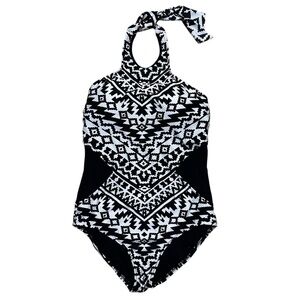 Seafolly Australia Kasbah High Neck Swimsuit Black White Aztec Size 8 US